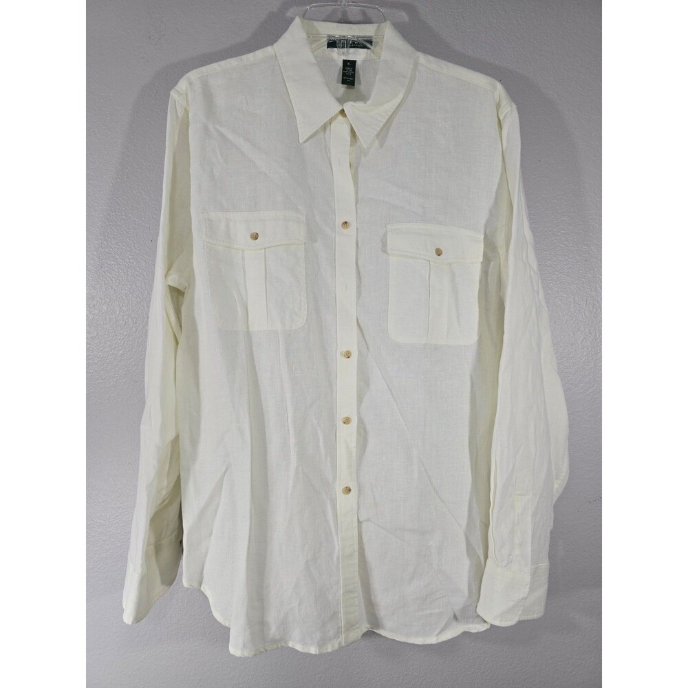 Lauren Ralph Lauren Shirt Women XL Ivory 100% Linen Camp Pocket Roll Sleeve AS